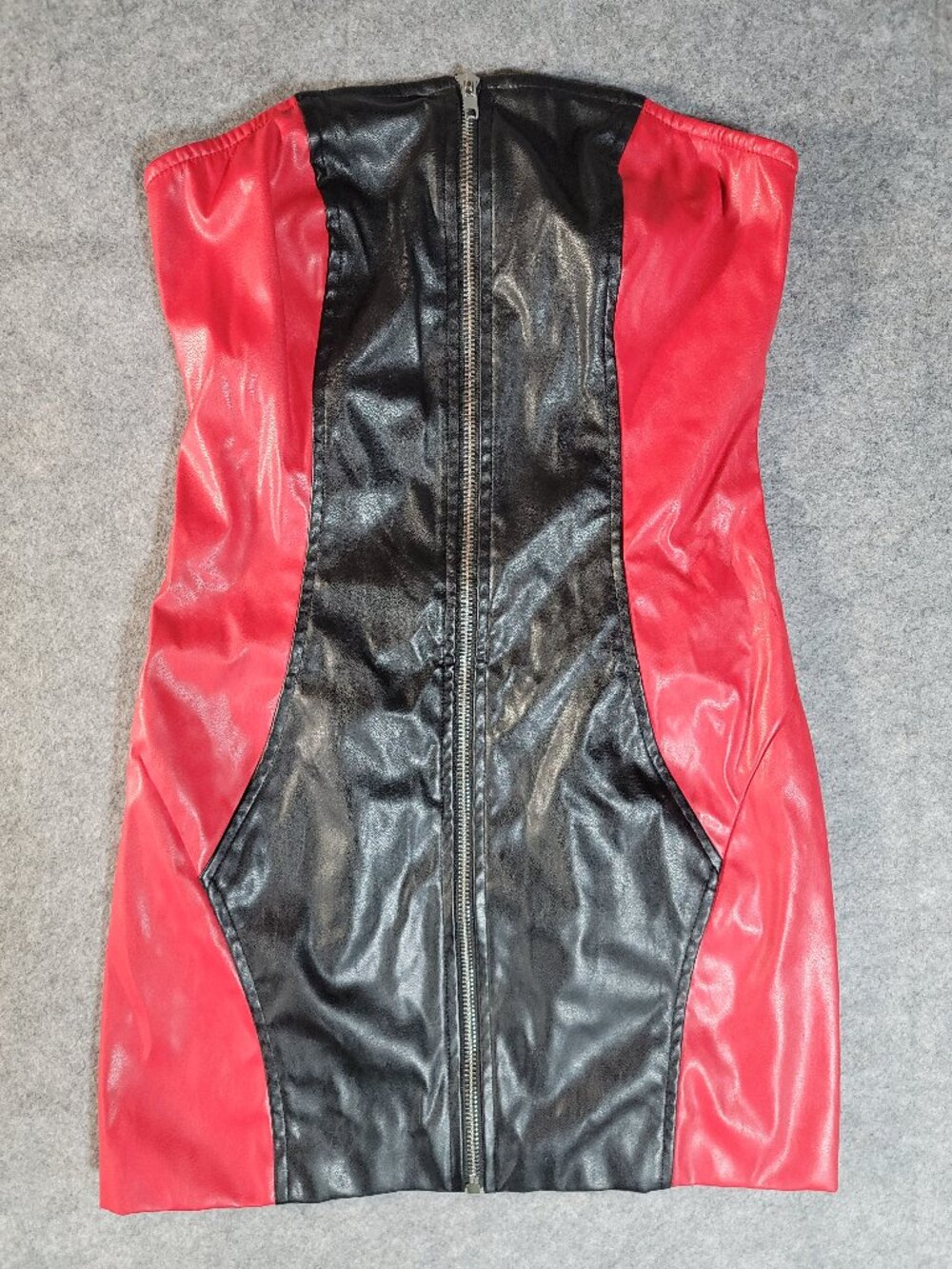 Windsor Revved Up Racer Faux Leather Strapless Zip Front Mini Dress Black Red XS
